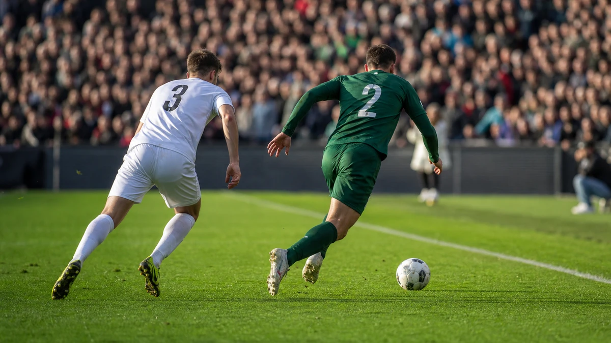 Ytterback driver bollen längs sidlinjen under en Eredivisie-match.